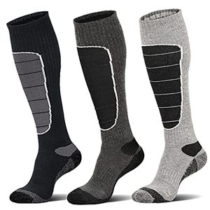 lot 11394 image: Merino Wool Ski Socks, Cold Weather Socks for Snowboarding, Snow, Winter, Thermal Knee-high Warm Socks, Hunting, Outdoor Sports (3 Pairs (Black Grey Grey), Large)