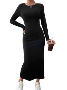 lot 11419 image: Verdusa Womens Basic Round Neck Long Sleeve Solid Bodycon Pencil Dress Black XS NO TAG