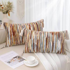 lot 11458 image: Simmore Boho Decorative Throw Pillow Covers 12x20 Set of 2, Tufted Farmhouse Pillow Covers with Tassels for Cozy Bohemian Couch Sofa Bedroom Home Decor, Rust