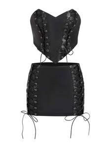 lot 11461 image: Verdusa Womens 2 Piece Outfits PU Leather Lace Up Asymmetrical Crop Tube Top and Mini Skirt Set Black M