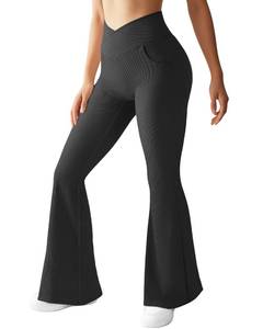 lot 11462 image: OMKAGI V Waist Flare Leggings for Women Tummy Control Wide Leg Yoga Pants with Pockets(S,17-Black)