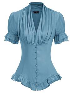 lot 11464 image: Peplum Tops for Women Victorian Lace Sleeve Top V Neck Lace Up Top Blue Haze M