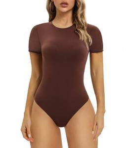 lot 11465 image: SHAPERX Womens Fit Everybody Bodysuit Soft Crew Neck T-shirt Body Suits with Thong Design, SZ5249-Cocoa-XS