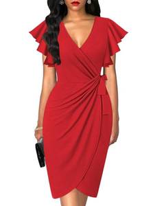 lot 11466 image: oten Womens Sexy V Neck Work Bodycon Dress Ruffle Sleeves Tie Belt Knee Length Party Dresses with Tulip Hem Red Large