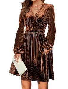 lot 11482 image: Zeagoo Wedding Guest Dresses for Women Fall Dress Long Sleeve Velvet Dresses Solid Flowy A-Line Mini Flared Dress,Caramel,XLARGE