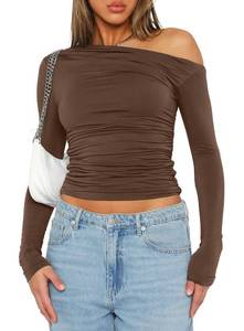 lot 11486 image: Darong Womens Casual Basic Going Out Crop Tops Slim Fit Long Sleeve Off Shoulder Tight T Shirts 9026 Coffee Medium