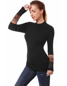 lot 11492 image: AmlieBoutik Women Crew Neck Long Sleeve Fair Isle Eyelet Cuff Pullover Sweater (Black Small)