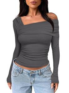 lot 11500 image: Darong Women Y2k Off One Shoulder Tops Casual Shirt Slim Fit Long Sleeve Blouses Solid Color Aesthetic Clothes 9033 Grey S