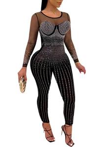 lot 11503 image: LKOUS Womens Sexy Club and Night Out Jumpsuits, See Through Net Yarn Rompers, Shiny Rhinestone One-Piece Sets MEDIUM