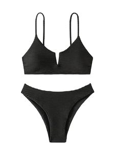 lot 11541 image: BEAUDRM Womens 2 Piece Plain Tankini Set V Neck Triangle Set High Cut Bikini Swimsuit Bathing Suit Beachwear Black Medium