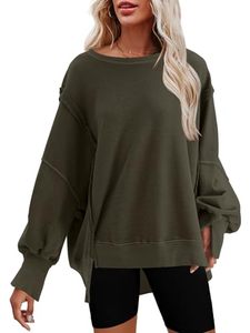 lot 11544 image: Nirovien Womens Oversized Crewneck Sweatshirt Side Slit Long Sleeve Pullover Slouchy Fit Tops(Army Green,M)