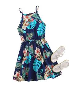 lot 11556 image: OYOANGLE Girls Casual Boho Floral Print Sleeveless A-Line Swing Cami Hawaiian Dress Sundress Multicolor 12 Years