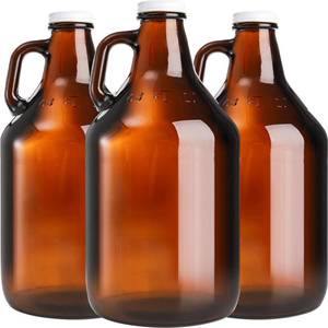 lot 11571 image: ZEAYEA 3 Pack Glass Growler Jug, 64 oz Amber Half Gallon Jug Set with Lids and Handle Great for Beer, Home Brewing, Kombucha, Distilled Water
