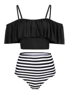 lot 11602 image: Kaei&Shi Strapless,Strappy Swimwear,Flower High Waisted Flounce Bikini Set,Tummy Control Swimsuits for Women,Off Shoulder Bathing Suit Petite Black Stripe X-Small