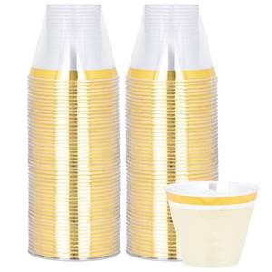 lot 11607 image: PLASTICPRO 9 oz Disposable Plastic Party Cups,Old fashioned Designed Tumblers, With gold Rim 100 Count, Crystal Clear