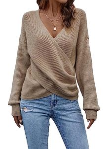 lot 11614 image: Verdusa Womens Casual Wrap Knit Sweater Deep V Neck Long Sleeve Pullover Top Khaki S