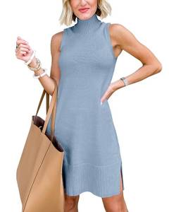 lot 11617 image: Chang Yun Womens Sleeveless Turtleneck Sweater Dresses 2023 Casual Knit Pullover Sweaters Dressy Bodycon Tank Mini Dress Blue XLARGE
