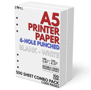 lot 11620 image: A5 Blank Paper 6-Hole Punched, 500 Sheets (1,000 Pages), 100 GSM, Printer Paper 148mm x 210mm (5.83 in. x 8.27 in.)