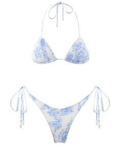 lot 11622 image: VOLAFA Womens Triangle Bikini Set String Swimsuit Print Tie Smocked Ruched Two Piece Bathing Suit (Medium, Light Blue)