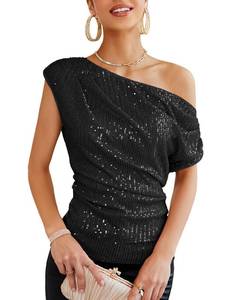 lot 11624 image: Ruched Cold Shoulder Sequin Party Tops for Women 2024 Dressy Asymmetrical Sleeve Sparkle Tops Girls Fancy Glitter Shimmer Going Out Tops Black XL