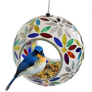 lot 11626 image: Sunnydaze 6-Inch Glass Mosaic Outdoor Hanging Fly-Through Bird Feeder - Rainbow Daisies