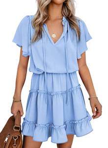 lot 11631 image: Dokotoo Womens Juniors Cute Spring Casual Summer Sexy Deep V Neck Ruffle Chiffon Lantern Short Sleeve Elegant Empire Waist Flowy Pleated Mini Short Skirt Dresses for Women Party 2024 Blue Small