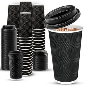 lot 11639 image: Ginkgo 100 Pack 16 oz Disposable Insulated Coffee Cups with Lids, Paper To-Go Coffee Cups for Coffee Bars, Hot Chocolate, Cocoa, and Hot Tea Drinks - Black