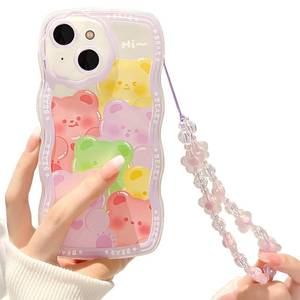 lot 11642 image: NITITOP Compatible for iPhone 15 Case, Cute Clear Cartoon Bear Animal with Flower Beaded Lanyard Wrist Strap for Women Girls, Soft TPU Full Protective Cover for iPhone 15-Purple Bear