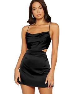 lot 11643 image: Verdusa Womens Open Back Cowl Neck Satin Cami Bodycon Dress Black M