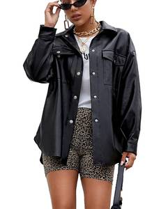 lot 11646 image: Zontroldy Faux PU Leather Shacket Jacket Women Fall Fashion Button Shirt Jacket Blazer Coat(0373-Black-1-XL)