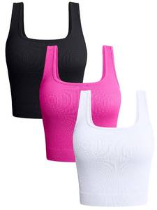 lot 11654 image: OQQ Womens 3 Piece Tank Tops Ribbed Seamless Workout Exercise Shirts Yoga Crop Tops Black Rose White LARGE