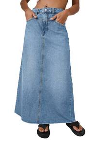 lot 11655 image: Fisoew Womens Vintage Denim Maxi Skirt Casual High Waist A-Line Frayed Hem Long Jean Skirt with Pockets LARGE
