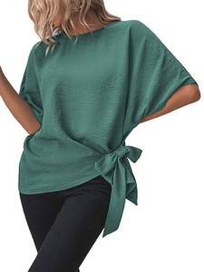 lot 11664 image: Verdusa Womens Batwing Sleeve Knot Side Round Neck Blouse Shirt Top Green XL