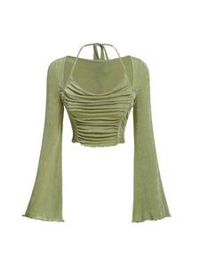 lot 11679 image: Verdusa Womens Long Sleeve Ruched Bust Off Shoulder Tie Back Flounce Sleeve Lettuce Trim Crop Top Tee Lime Green L