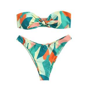 lot 11687 image: ZAFUL Knotted Bandeau Bikini for Women Strapless Swimsuits High Cut Bathing Suit Sexy 2 Piece Swimwear Green Print M