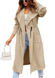 lot 11690 image: Fazortev Womens 2023 Winter Coats Open Front Long Jackets Lapel Drawstring Waist Trench Coat Outerwear With Pockets XXLARGE