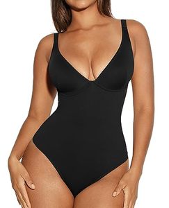 lot 11711 image: FeelinGirl Shapewear Bodysuit Tummy Control Slim Body Shaper Deep V Neck Thong Body Suits for Women XXL