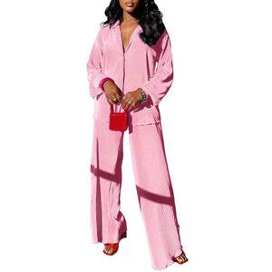 lot 11712 image: kaimimei Womens 2 Piece Casual Outfits Long Sleeve Button Down Shirt High Waist Long Pants Loungewear Streetwear Suits Pink SMALL