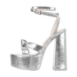 lot 11720 image: onlymaker Womens Ankle Strap Chunky Heel Platform Sandals Peep Toe Buckle Stone Metallic Lace up Elegant Sandals Silver Size 9.5