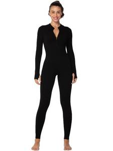 lot 11725 image: Sunzel Long Sleeve Jumpsuits for Women, Ribbed One Piece Casual Yoga Workout Zip Front Bodysuits, Legging Fit & Thumbhole 28 Inseam Black Small