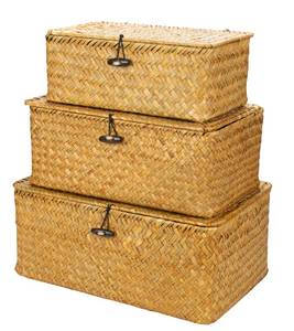 lot 11729 image: Yesland Shelf Baskets with Lid Set of 3, Handwoven Seagrass Storage Bins Box Rectangular Seagrass Basket Storage Organizer Wicker Basket for Shelf