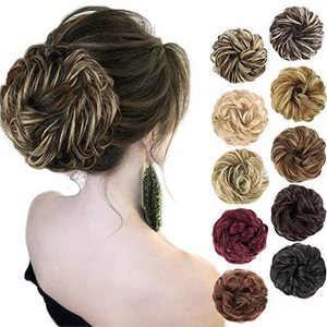 lot 11743 image: MORICA 1PCS Messy Hair Bun Hair Scrunchies Extension Curly Wavy Messy Synthetic Chignon for Women (Dark Brown & Ash Blonde)