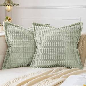lot 11758 image: MIULEE Light Green Corduroy Decorative Throw Pillow Covers Pack of 2 Soft Striped Pillows Pillowcases with Broad Edge Modern Boho Home Decor for Couch Sofa Bed 18x18 Inch