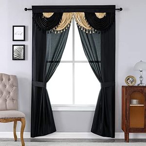 lot 11794 image: Regal Home Collections Amore Curtains 5-Piece Window Curtain Set - 54-Inch W x 84-Inch L Panels with Attached Valance and 2 Tiebacks - Bedroom Gothic Curtains and Living Room Curtains (BlackGold)