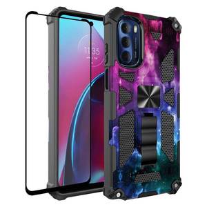 lot 11813 image: GORGCASE for Motorola Edge Plus 2022 Case, Moto Edge 2022 wTempered Glass Screen Protector(Full Coverage) Shockproof Military-GradeBuilt-in Kickstand Protective Cover Women Man Blue Star Galaxy