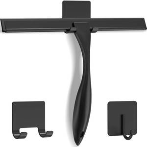 lot 11821 image: All-Purpose Stainless Steel Shower Squeegee for Shower Doors with 2 Adhesive Hooks, Bathroom Cleaner Tool Household Window Mirror Squeegee for Home Cleaning, Glass Door, Tile Wall, Car, 10 Inch Black