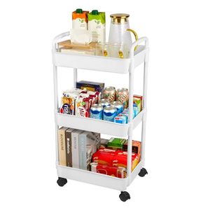 lot 11831 image: Vtopmart 3 Tier Rolling Cart with Wheels, Detachable Utility Storage Cart with Handle and Lockable Wheels, Storage Basket Organizer Shelves, Easy Assemble for Bathroom, Kitchen, White