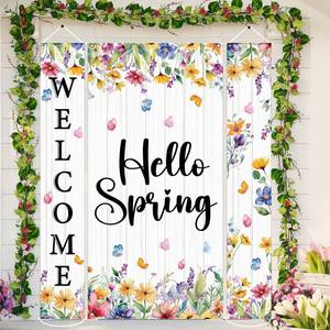 lot 11840 image: gisgfim Hello Spring Welcome Banner Spring Floral Porch Sign Banner Door Cover Vintage Watercolor Flower Butterfly Hanging Door Banner for Spring Easter Party Indoor Outdoor Decoration Supplies