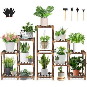 lot 11857 image: Uneedem Wood Plant Stand Indoor Outdoor Corner Plant Shelf Stand, 5 Tiered 10 Potted Flower Plant Stands for Indoor Plants Multiple, Plant Shelves Stands Rack for Living Room, Patio, Balcony