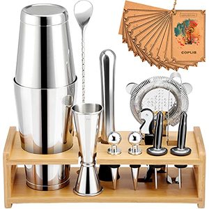 lot 11884 image: COPLIB 13 Pcs Rustproof Bartender Kit Cocktail Shaker Set with Stylish Stand, 304 Stainless Steel Bar Sets with 18-25oz Thicker Shaker Tins, silver - Retail $778.2